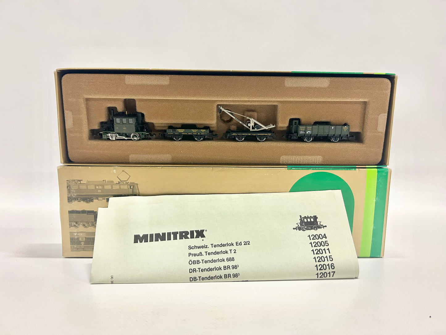 Minitrix 11015 Track Construction Train with Steam Locomotive Glass Box N Gauge