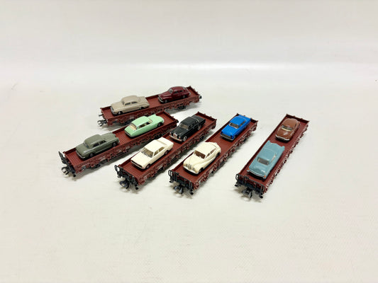 Märklin 5x Niederbordwagen mit Autos Güterwagen DB AC H0