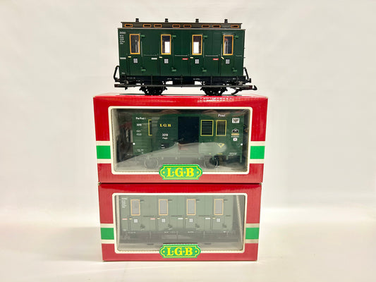 LGB 3019 + 2x 3050 Personenwagen mit Gepäckwagen Abteilwagen Gartenbahn Spur G