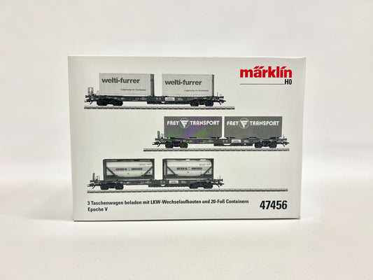 Märklin 47456 Wagen-Set Taschenwagen beladen mit LKW Wechselaufbauten H0